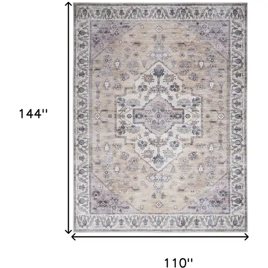 Beige and Gray Oriental Power Loom Distressed Washable Non Skid Area Rug Photo 9