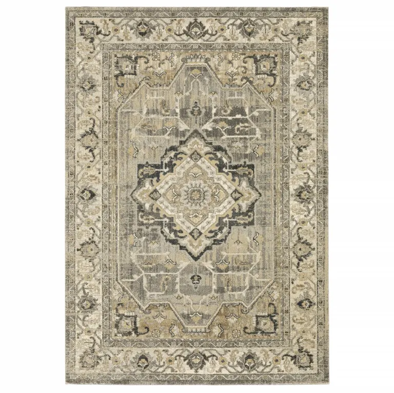 Beige and Gray Traditional Medallion Indoor Area Rug Photo 1