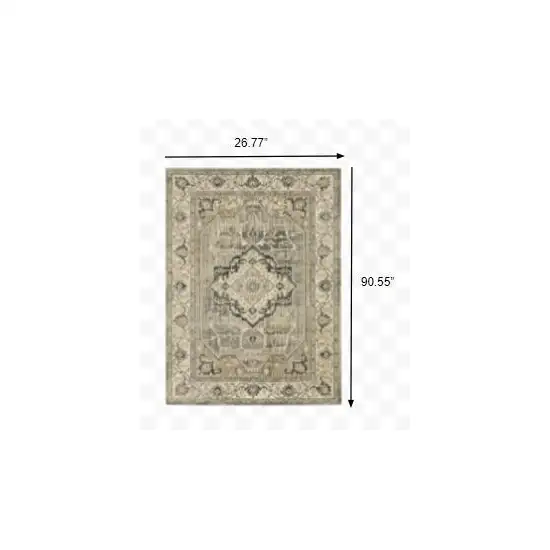 Beige and Gray Traditional Medallion Indoor Runner Rug Photo 4