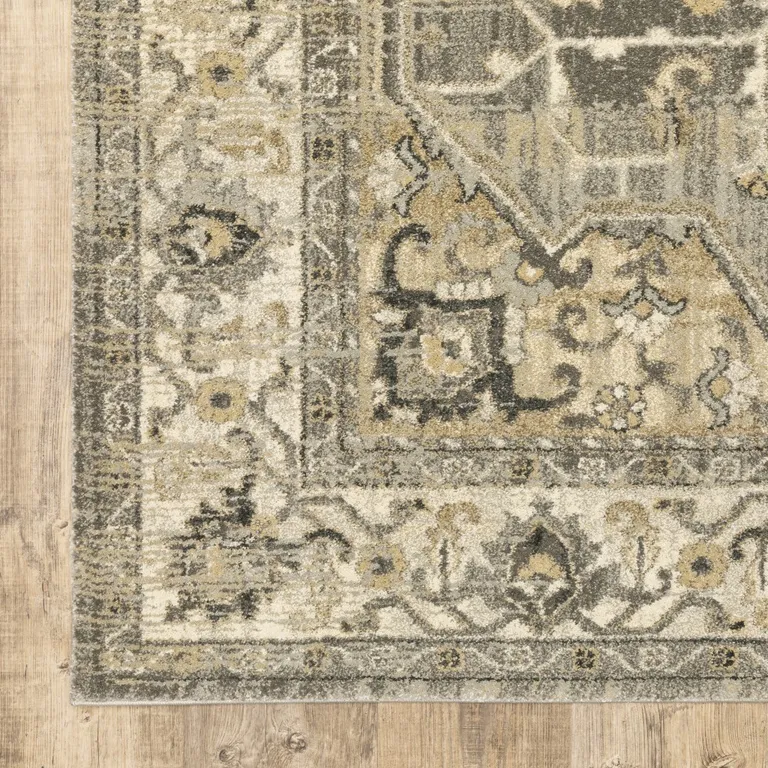 Beige and Gray Traditional Medallion Indoor Runner Rug Photo 3