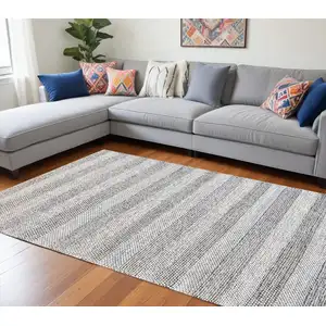 Photo of Beige and Gray Wool Blend Striped Hand Loomed Area Rug