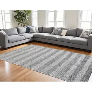 Photo of Beige and Gray Wool Blend Striped Hand Loomed Area Rug