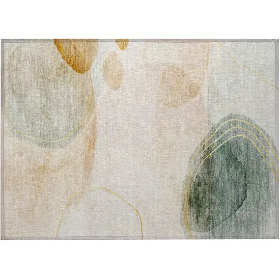 Beige and Green Abstract Washable Non Skid Indoor Outdoor Area Rug Photo 5