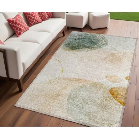 Beige and Green Abstract Washable Non Skid Indoor Outdoor Area Rug Photo 1