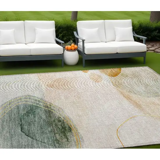 Beige and Green Abstract Washable Non Skid Indoor Outdoor Area Rug Photo 1