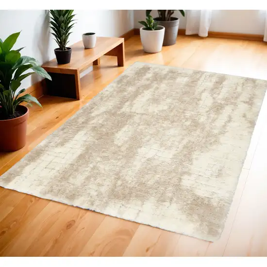 Beige and Ivory Abstract Shag Area Rug Photo 1