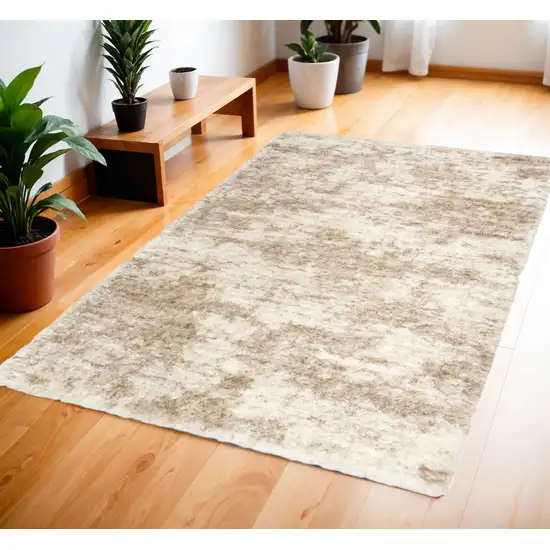 Beige and Ivory Abstract Shag Area Rug Photo 1