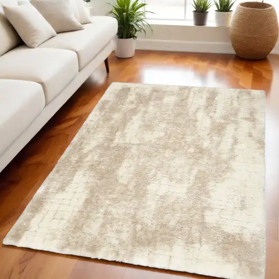 Beige and Ivory Abstract Shag Area Rug Photo 1