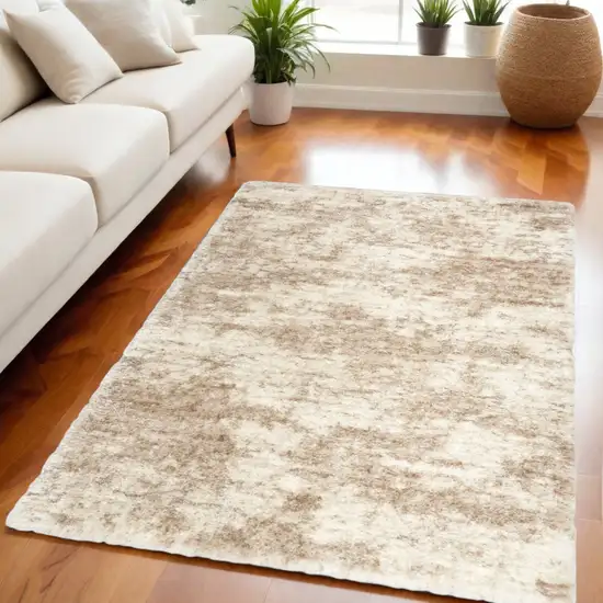 Beige and Ivory Abstract Shag Area Rug Photo 1