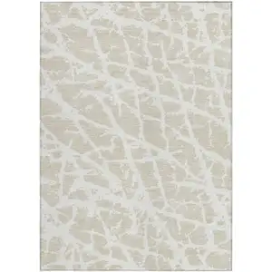 Photo of Beige and Ivory Abstract Washable Non Skid Indoor Outdoor Area Rug