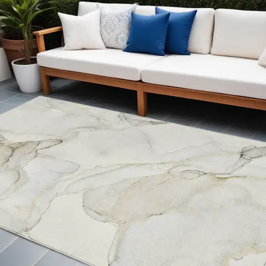 Beige and Ivory Abstract Washable Non Skid Indoor Outdoor Area Rug Photo 2