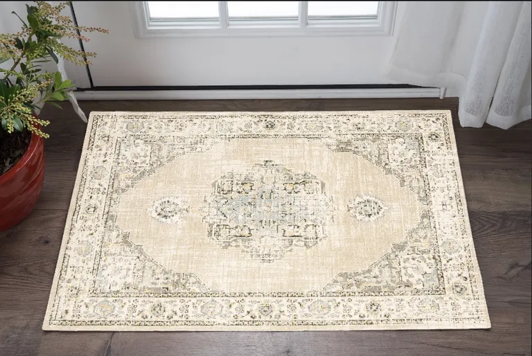 Beige and Ivory Center Jewel Area Rug Photo 4