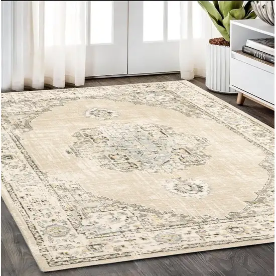 Beige And Ivory Center Jewel Area Rug Photo 1