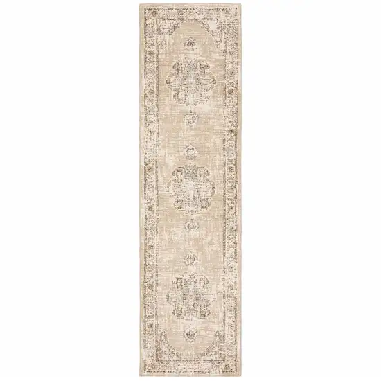 Beige and Ivory Center Jewel Runner Rug Photo 1