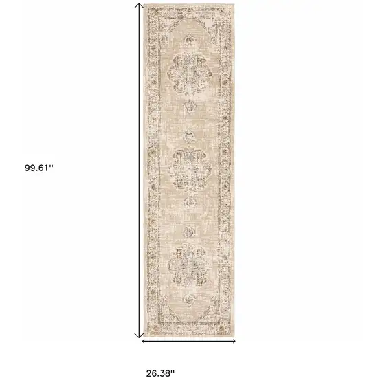 2' X 8' Beige And Ivory Center Jewel Runner Rug Photo 3