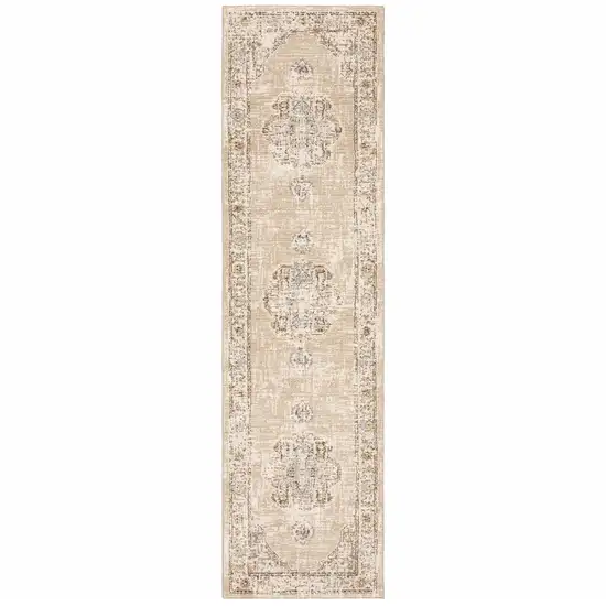 Beige and Ivory Center Jewel Runner Rug Photo 6