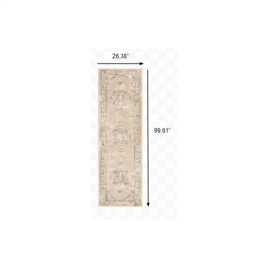 Beige and Ivory Center Jewel Runner Rug Photo 3