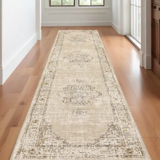 Beige and Ivory Power Loom Runner Rug Photo 1