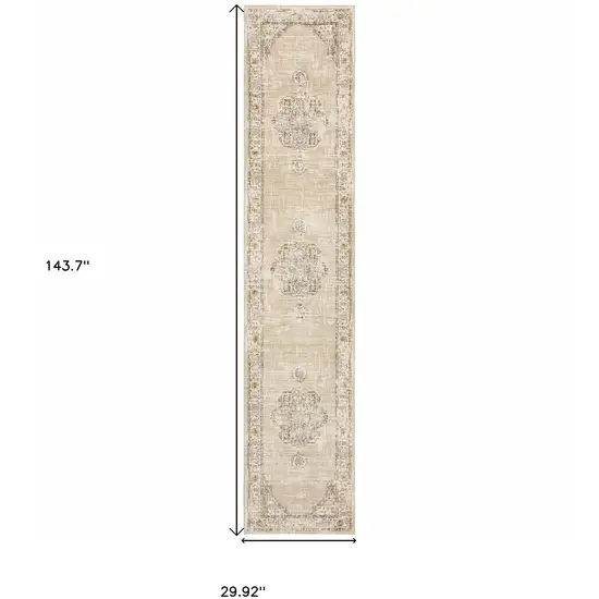 Beige and Ivory Center Jewel Runner Rug Photo 6