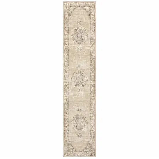 Beige and Ivory Center Jewel Runner Rug Photo 1