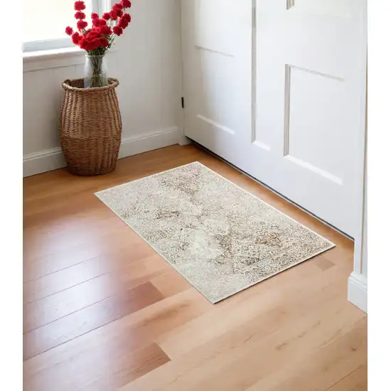 Beige and Ivory Damask Area Rug Photo 1