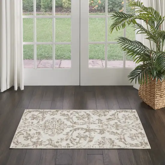 Beige and Ivory Damask Distressed Area Rug Photo 6