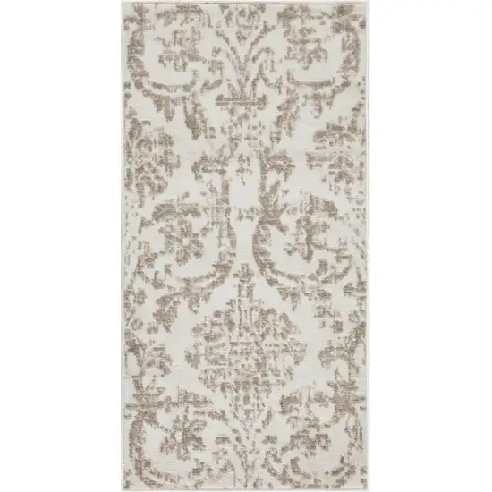 Beige and Ivory Damask Distressed Area Rug Photo 1