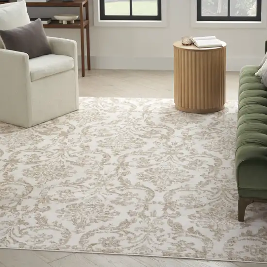 Beige and Ivory Damask Distressed Non Skid Area Rug Photo 8