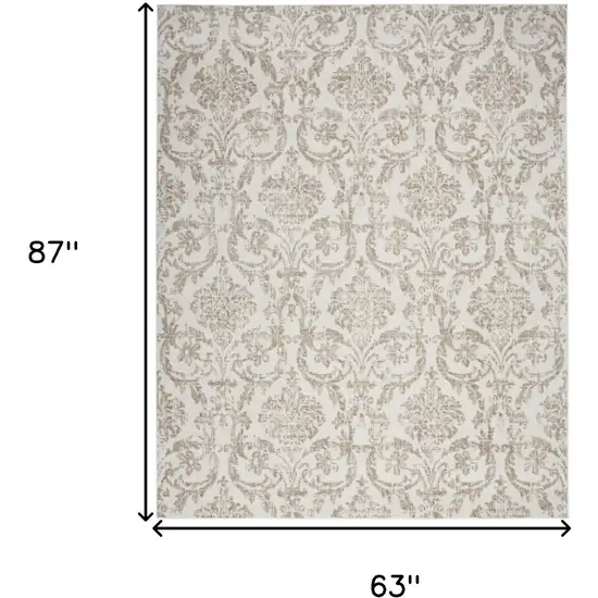 Beige and Ivory Damask Distressed Non Skid Area Rug Photo 3