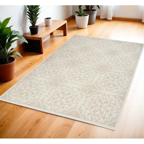 Beige and Ivory Floral Non Skid Area Rug Photo 1