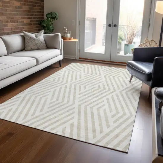 Beige and Ivory Geometric Washable Non Skid Indoor Outdoor Area Rug Photo 9