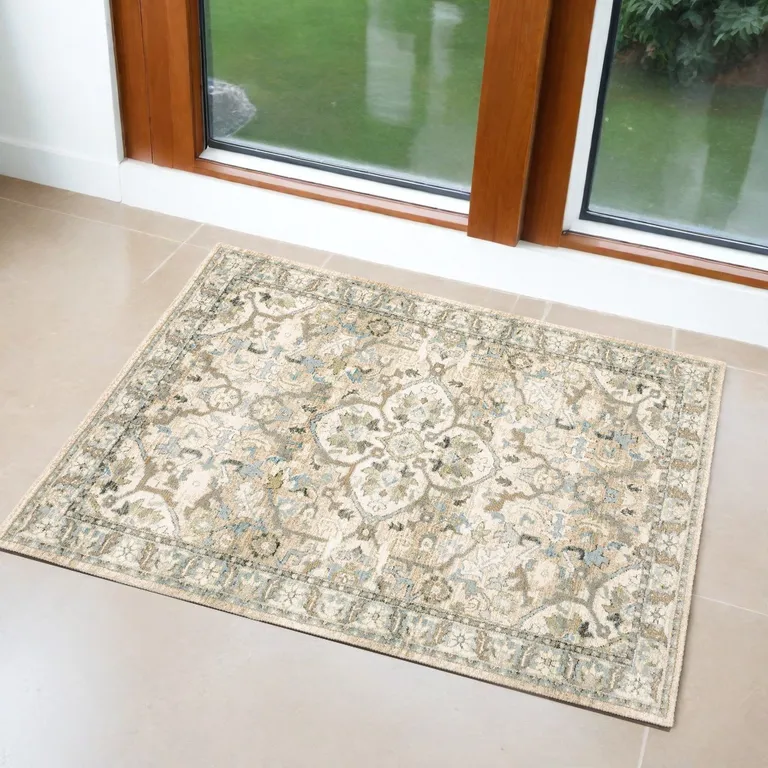 Beige and Ivory Medallion Area Rug Photo 4