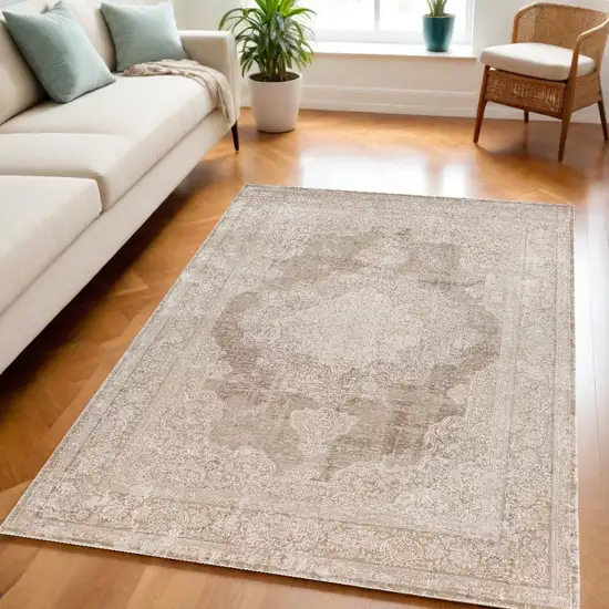 Beige and Ivory Medallion Area Rug Photo 1