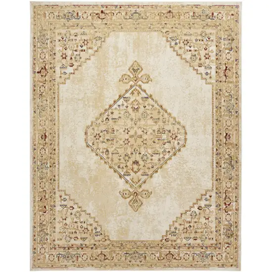 Beige and Ivory Medallion Power Loom Distressed Area Rug Photo 2