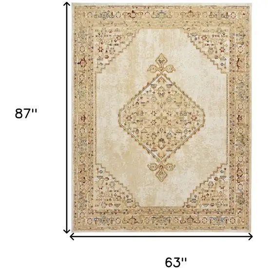 Beige and Ivory Medallion Power Loom Distressed Area Rug Photo 3