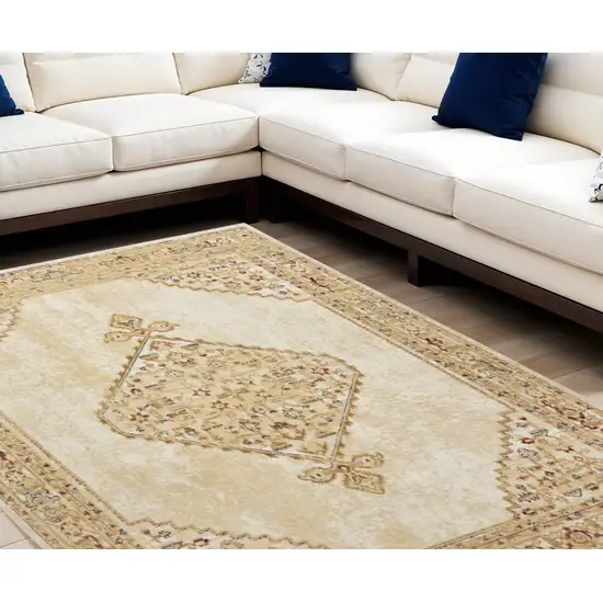 Beige and Ivory Medallion Power Loom Distressed Area Rug Photo 1