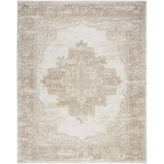 Beige and Ivory Medallion Power Loom Distressed Area Rug Photo 2