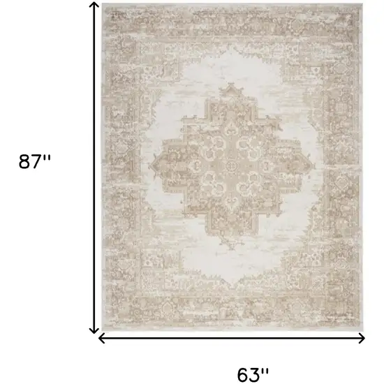 Beige and Ivory Medallion Power Loom Distressed Area Rug Photo 3