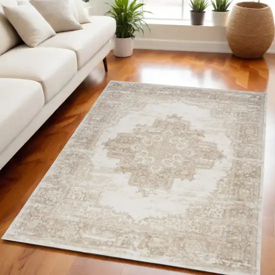 Beige and Ivory Medallion Power Loom Distressed Area Rug Photo 1