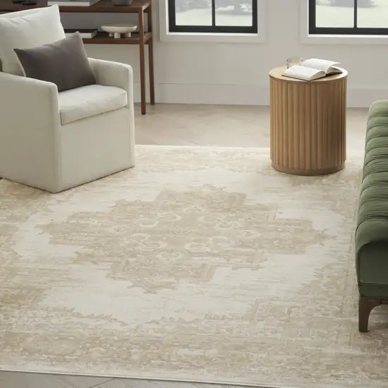 Beige and Ivory Medallion Power Loom Distressed Area Rug Photo 9