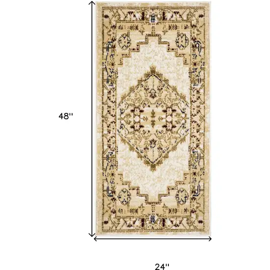 Beige and Ivory Medallion Power Loom Distressed Area Rug Photo 3