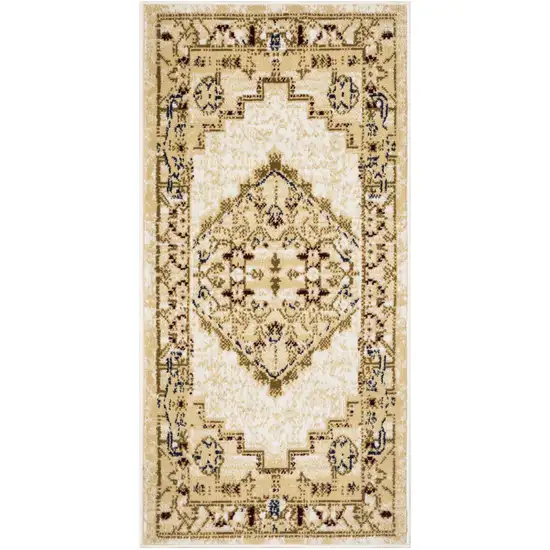 Beige and Ivory Medallion Power Loom Distressed Area Rug Photo 2