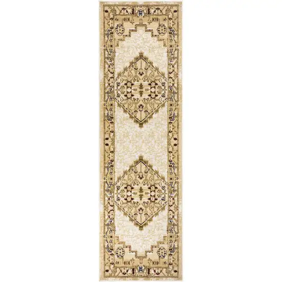 Beige and Ivory Medallion Power Loom Distressed Runner Rug Photo 2