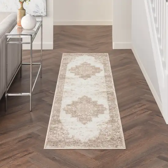 Beige and Ivory Medallion Power Loom Distressed Runner Rug Photo 8