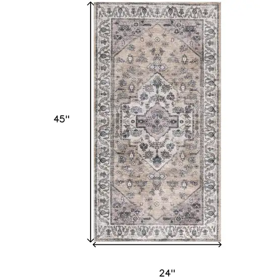 Beige and Ivory Medallion Power Loom Distressed Washable Non Skid Area Rug Photo 3