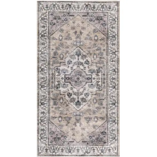 Beige and Ivory Medallion Power Loom Distressed Washable Non Skid Area Rug Photo 2