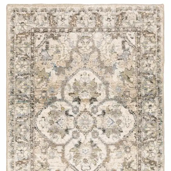 Beige and Ivory Medallion Runner Rug Photo 5