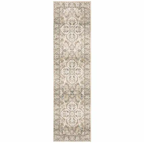 Beige and Ivory Medallion Runner Rug Photo 6