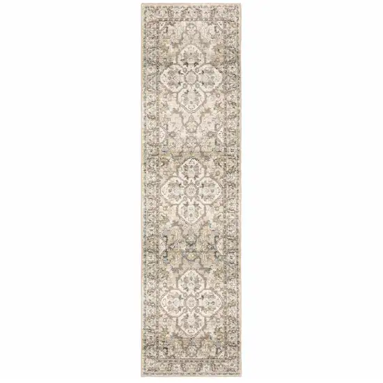 Beige and Ivory Medallion Runner Rug Photo 1