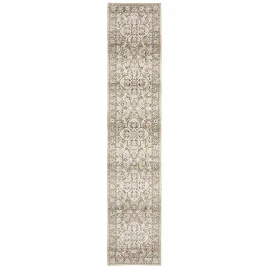 Beige and Ivory Medallion Runner Rug Photo 1